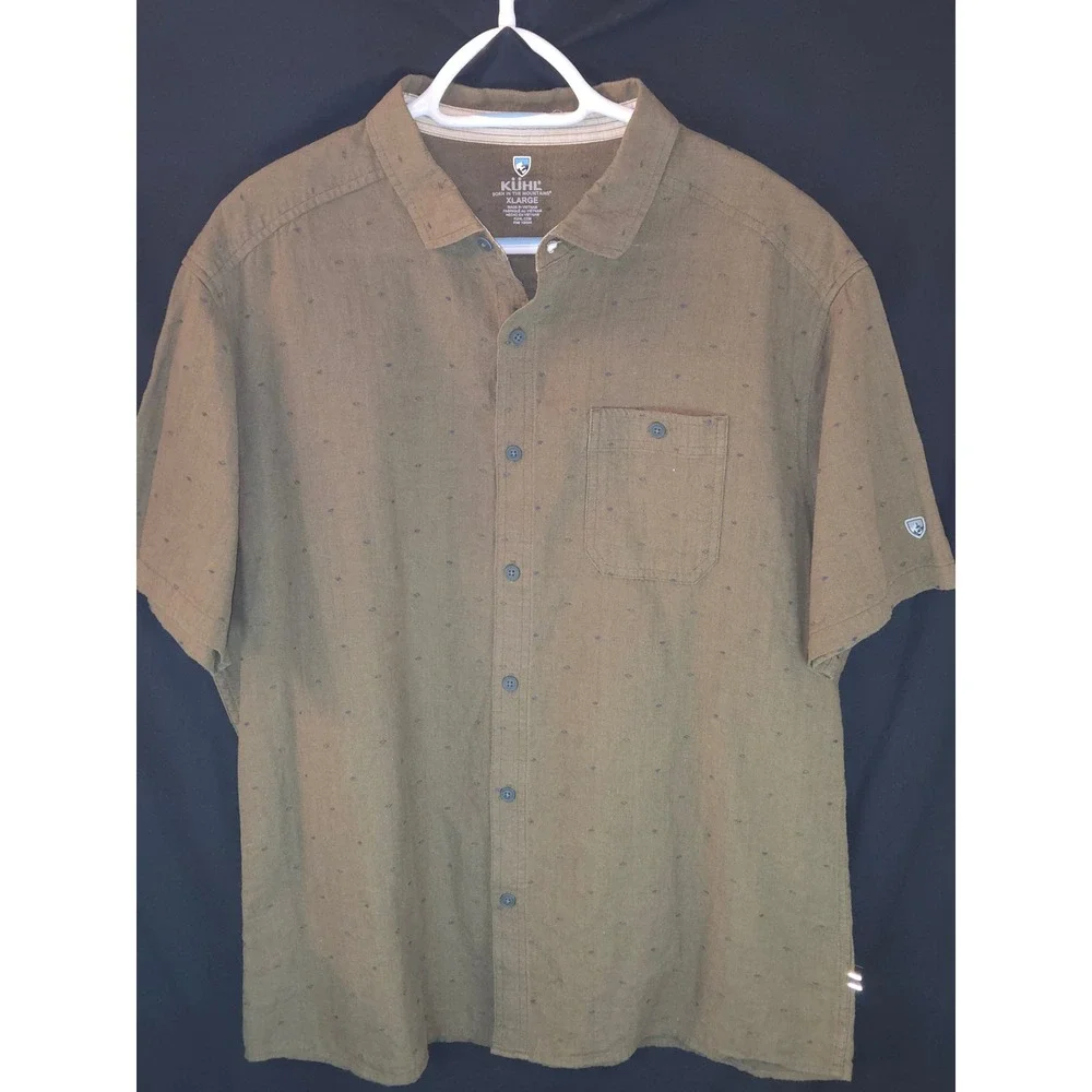 Kuhl Mens XL Olive Green‎ AOP Short Sleeve Button Down Shirt Everyday Casual